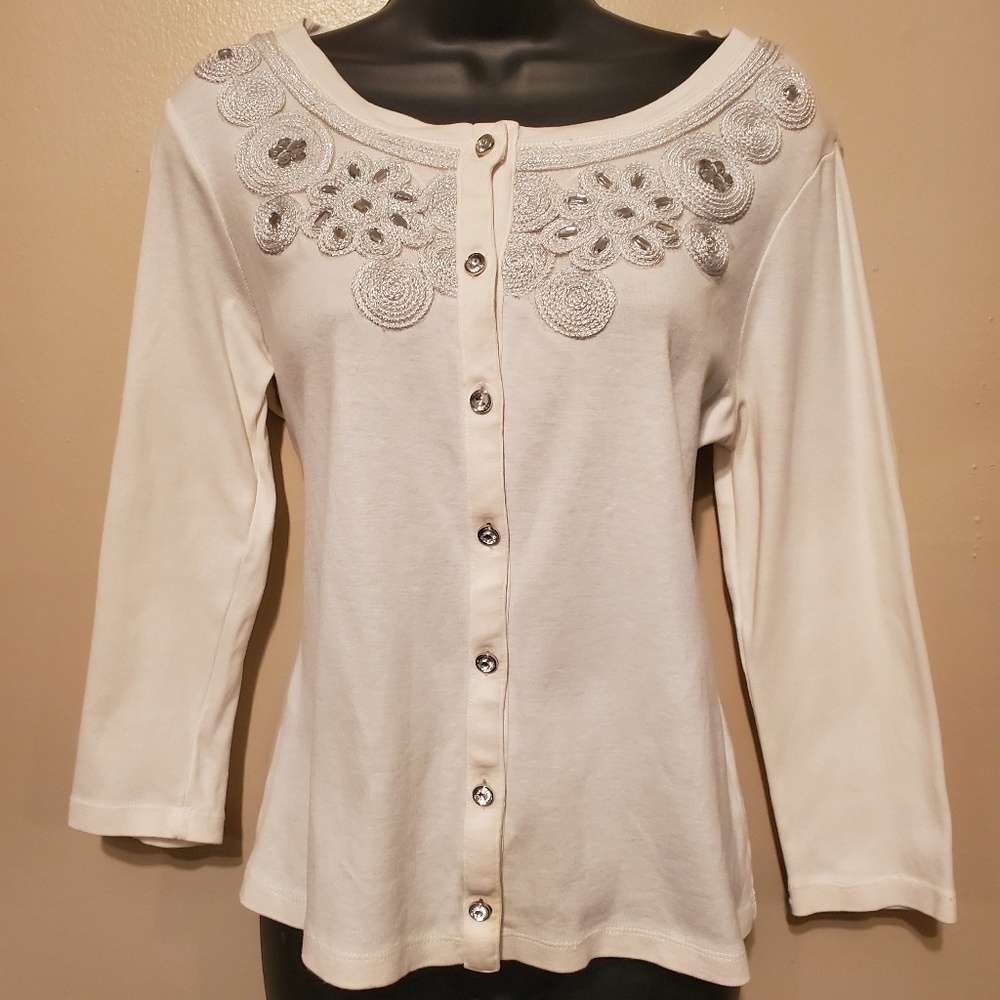 White/Silver Embellished Rafaella Cardigan Sweater